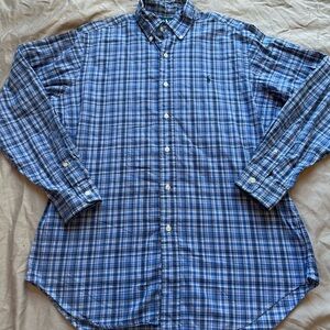 Ralph Lauren Mens M Checked Shirt Blue Cotton Classic Fit Preppy Dark Academia